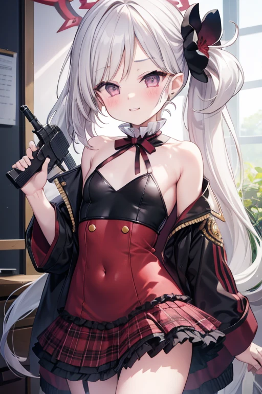 Asahi Mutsuki、Good looking girl (blush, Perfect Face), independent , Looking into the camera, masterpiece, Anime art style, Cute Characters, Most detailed, high quality、Nico Nico Smile、Show me your armpits、Silver Hair、Side Ponytail、小さいchest、****ta、Combat Uniform、he has a gun,Skin area_Many,Cloth area_small,Miniskirt,chest_Show me your skin,Nipples_Fully exposed