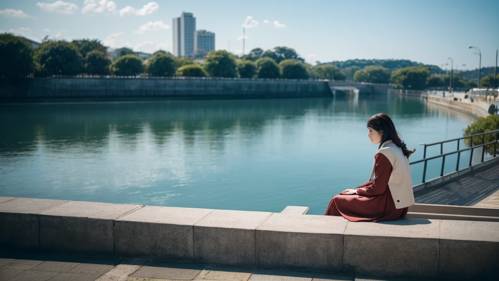 A woman is sitting on a concrete ledge looking at the water., Stills from the estate, Movie stills, Movie stills, 4K Film Still, award winning Movie stills, Movie stills, Shot from a movie, High quality film, Movie stills, Full shot of the movie, Promotional stills from the film, Movie stills, high resolution film still