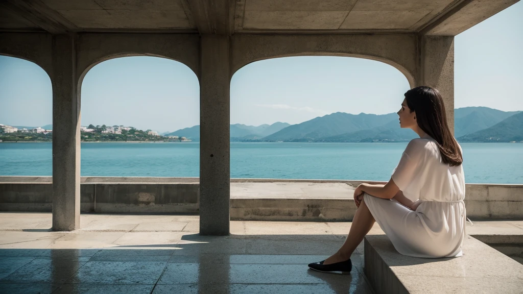 A woman is sitting on a concrete ledge looking at the water., Stills from the estate, Movie stills, Movie stills, 4K Film Still, award winning Movie stills, Movie stills, Shot from a movie, High quality film, Movie stills, Full shot of the movie, Promotional stills from the film, Movie stills, high resolution film still