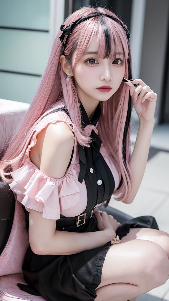 raw photo, 8K, (top-quality), Realistic, (real picture, Intricate details), (natural skin texture, detailed skin, hyper realism, sharpness), ((jirai fashion with pink and black:1.6)), (pale skin:1.2), ((pink hair, long straight hair, blunt bangs)),
Teenage Girl, City of night, Show me the cleavage, (seductive face, provocative look, Parted lips:1.3, eye shadow, eyeliner, tear bag, red lipstick), thigh, Pile of rubble:1.3, spot lighting:1.3, cowboy shot, One Girl, hoshino (Blue Archive), alone, Heterochromia of the iris, Purple Hair, Long Hair, Ahoge, hello, valley, Big Breasts,Show Viewer, ID card, Open your mouth, very Long Hair, smile, bangs, blush, Hair between the eyes, High resolution,masterpiece, Highest quality,Adjust the proportions of your fingers
