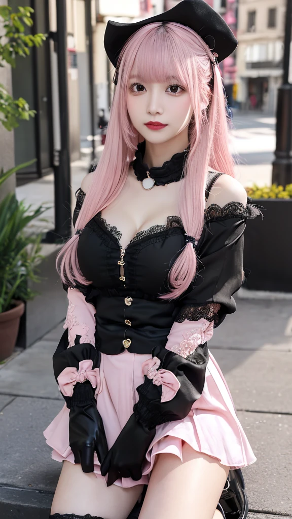 (Masterpiece, BestQuality:1.3), (ultra detailed:1.2), (hyperrealistic:1.3), (RAW photo:1.2), High detail RAW color photo, professional photograph, (Photorealistic:1.4), (realistic:1.4), (Pink Hair:1.5), professional lighting, perfect anatomy, (Big Breasts:1.2), (blush, detailed face), (cheerful Smile:1.5), Trending Hair&Trending Hairカラーをランダムに, earrings, necklace, bracelet, sexly, erotic sexly, Random sexy gravure poses, (Beautiful cosplayer wearing a purple and black Gothic Lolita dress、With a mysterious smile in an old church、Holding a black rose。Lace headdress on head、On his feet he wears black boots。: 1.3)