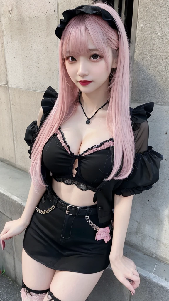 raw photo, 8K, (top-quality), Realistic, (real picture, Intricate details), (natural skin texture, detailed skin, hyper realism, sharpness), ((jirai fashion with pink and black:1.6)), (pale skin:1.2), ((pink hair, long straight hair, blunt bangs)), 
Teenage Girl, City of night, Show me the cleavage, (seductive face, provocative look, Parted lips:1.3, eye shadow, eyeliner, tear bag, red lipstick), thigh, Pile of rubble:1.3, spot lighting:1.3, cowboy shot, One Girl, hoshino (Blue Archive), alone, Heterochromia of the iris,  Purple Hair, Long Hair, Ahoge, hello, valley, Big Breasts,Show Viewer, ID card, Open your mouth, very Long Hair, smile, bangs, blush, Hair between the eyes, High resolution,masterpiece, Highest quality,Adjust the proportions of your fingers