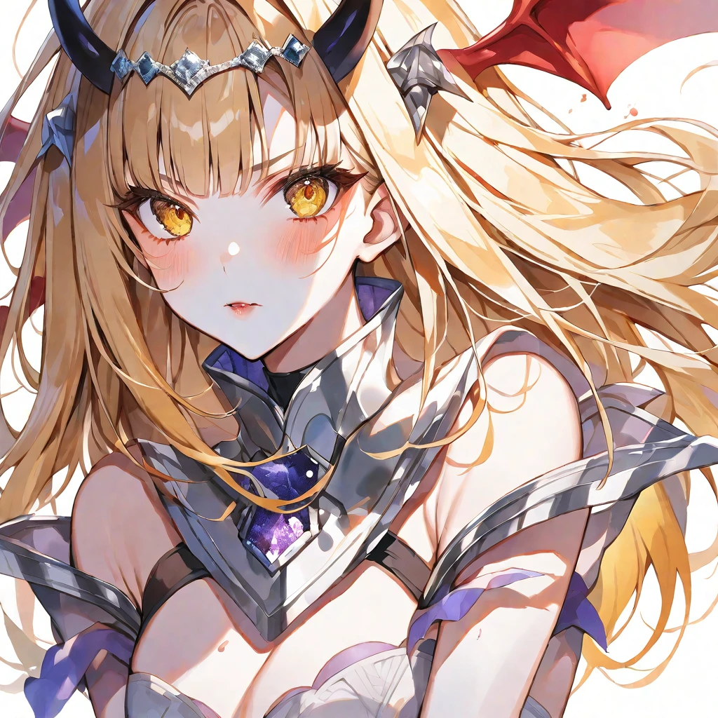 solo,handsome, Watercolor,
1. Female,
hime cut,Straight Hair,Bob Hair, 
blonde hair, nakano nino,
yellow Eyes, succubus,devil ,
skin,Silver Accessories,Face up,İcon,
White background,