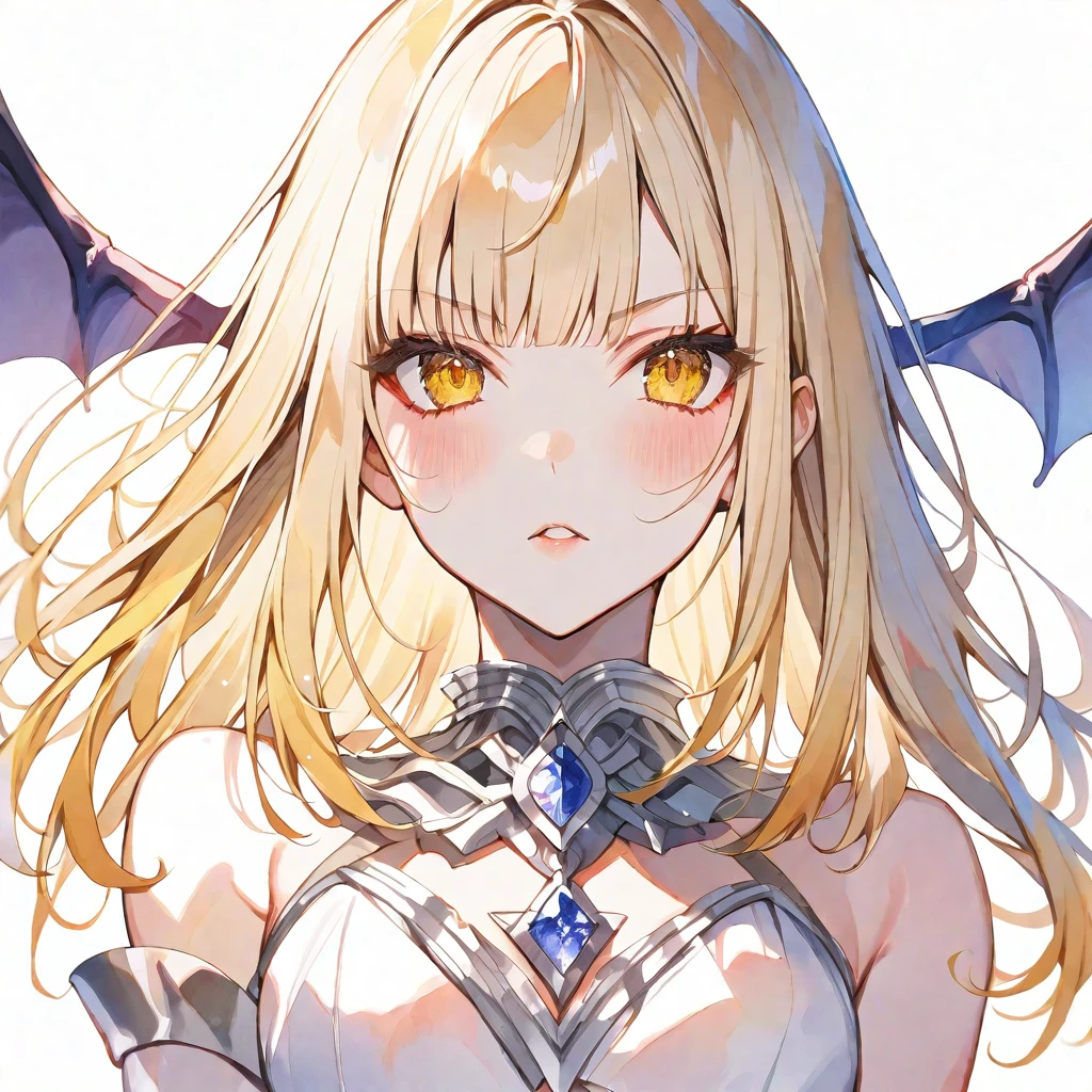 solo,handsome, Watercolor,
1. Female,
hime cut,Straight Hair,Bob Hair, 
blonde hair, nakano nino,
yellow Eyes, succubus,devil ,
skin,Silver Accessories,Face up,İcon,
White background,