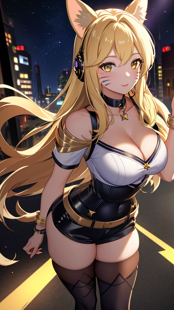 ((masterpiece)), (best quality:1.7), (detailed:1.4), (high res:1.4), 8k, (colorful:1.5), 2d, high resolution, sharped image, 4k, hd, kda_ahri_league, 1girl, (((solo))), (((blonde hair))), yellow eyes, long hair, upper body, cleavage, ((curvy body)), medium breasts, headset, choker, thighhighs, black thighhighs, animal ears, fox ears, jewelry, bare shoulder, short sleeves, white shirt, black short, facial marks, whisker markings, idol, jewelry, bracelet, black boots, ((idol)), night, ((stars)), moon, city lights, ((modern street)), (((lights))),