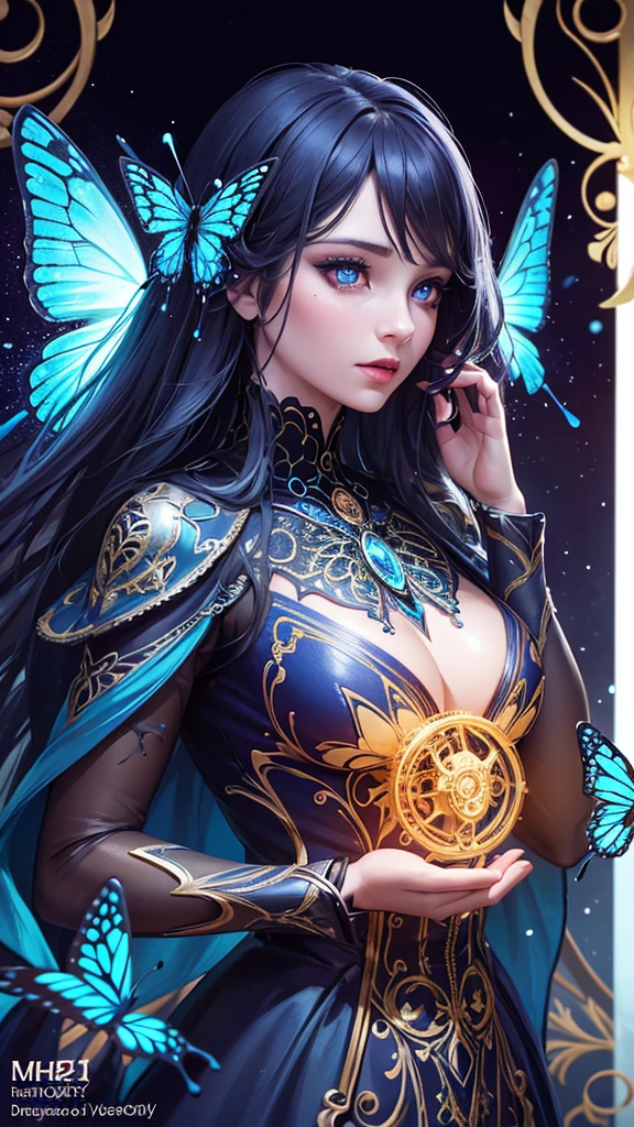 a colorful butterfly, intricate clockwork, glowing spider web, night light, 1girl, beautiful detailed eyes, beautiful detailed lips, extremely detailed face and eyes, long eyelashes, elegant dress, portrait, fantasy, vibrant colors, cinematic lighting, dramatic shadows, award winning digital art, masterpiece, ultra-detailed, 8k, photorealistic