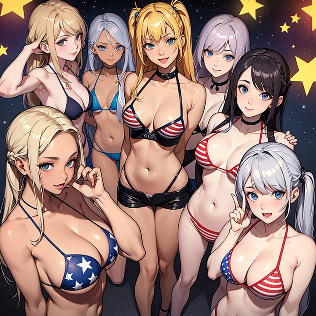 (Masterpiece), Best Quality, (Colorful:1.1), (5 girls, Group photo:1.4), (Slim Body:1.4), (Dark Skin:1.1), Blonde Hair, Silver Hair, Twin Tails, Braids, Forehead, (Slouched:1.4), (Happy Smile With Open Mouth:1.1), ( Wink:1.2),Peace Sign, (Stars and Stripes Bikini, Micro Bikini:1.1), Cowboy Shot, (Classroom:1.1),