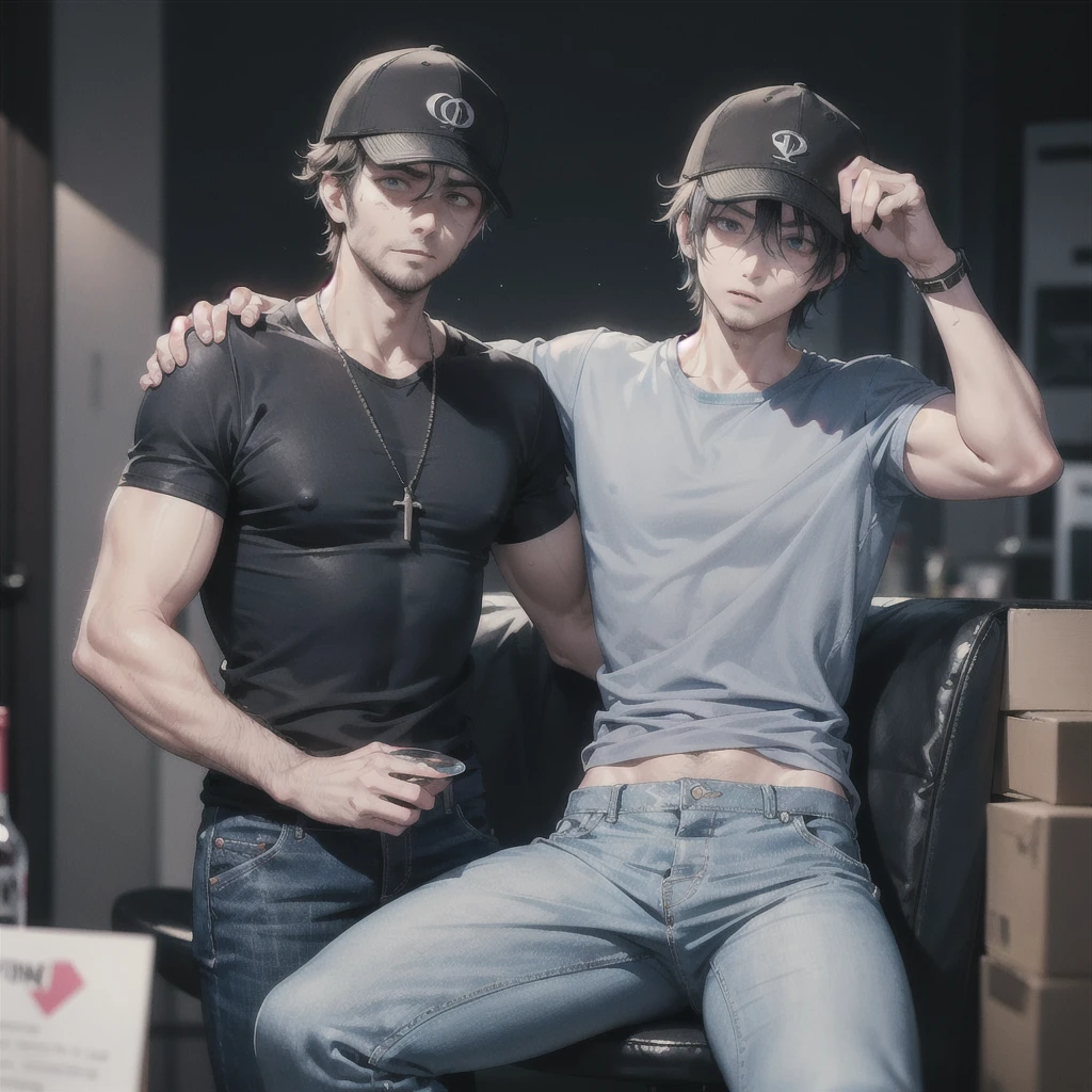 30-year-old man, tired eyes and dark circles, dark-skinned, tattered clothes, gray shirt, blue pants, black hat, muscular, drunk.