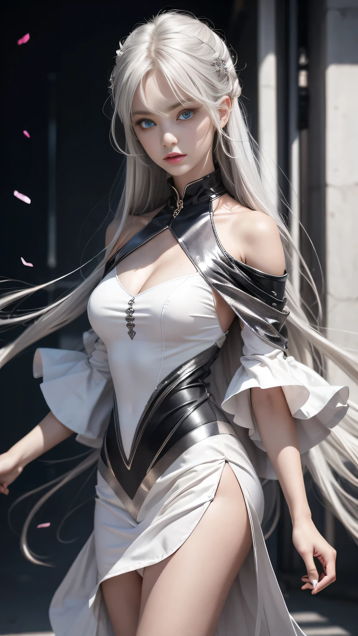 double whirlwind pattern design garment，Iris heterochromatic pupil，silver-haired girl，free high resolution,off shoulders、