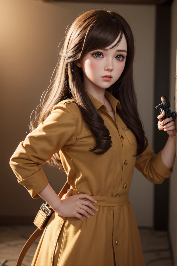 Create an image with a free fire 3d doll shooting 4 dolls 