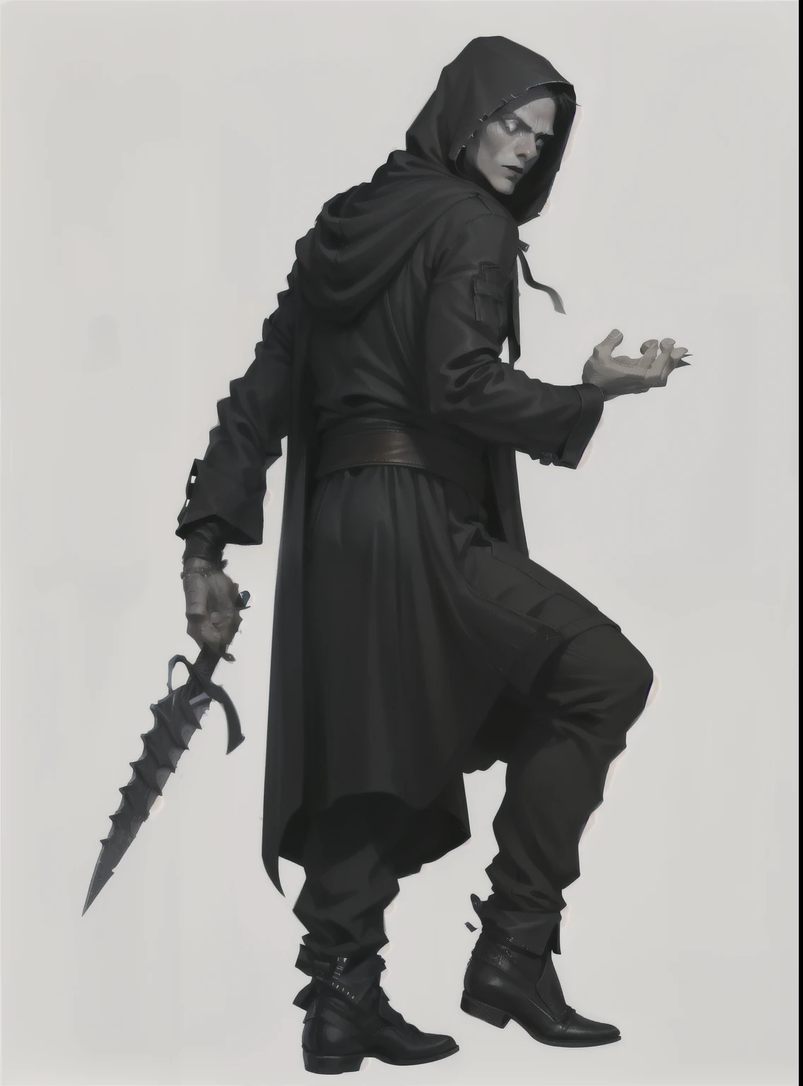 I want a killer, with a dagger in one hand and a seal in the other, de black clothing e furtivo, he must have a dagger in his hand, and your posture must be stealthy, black clothing, black hoods, stylish pose, no back ground, White background.