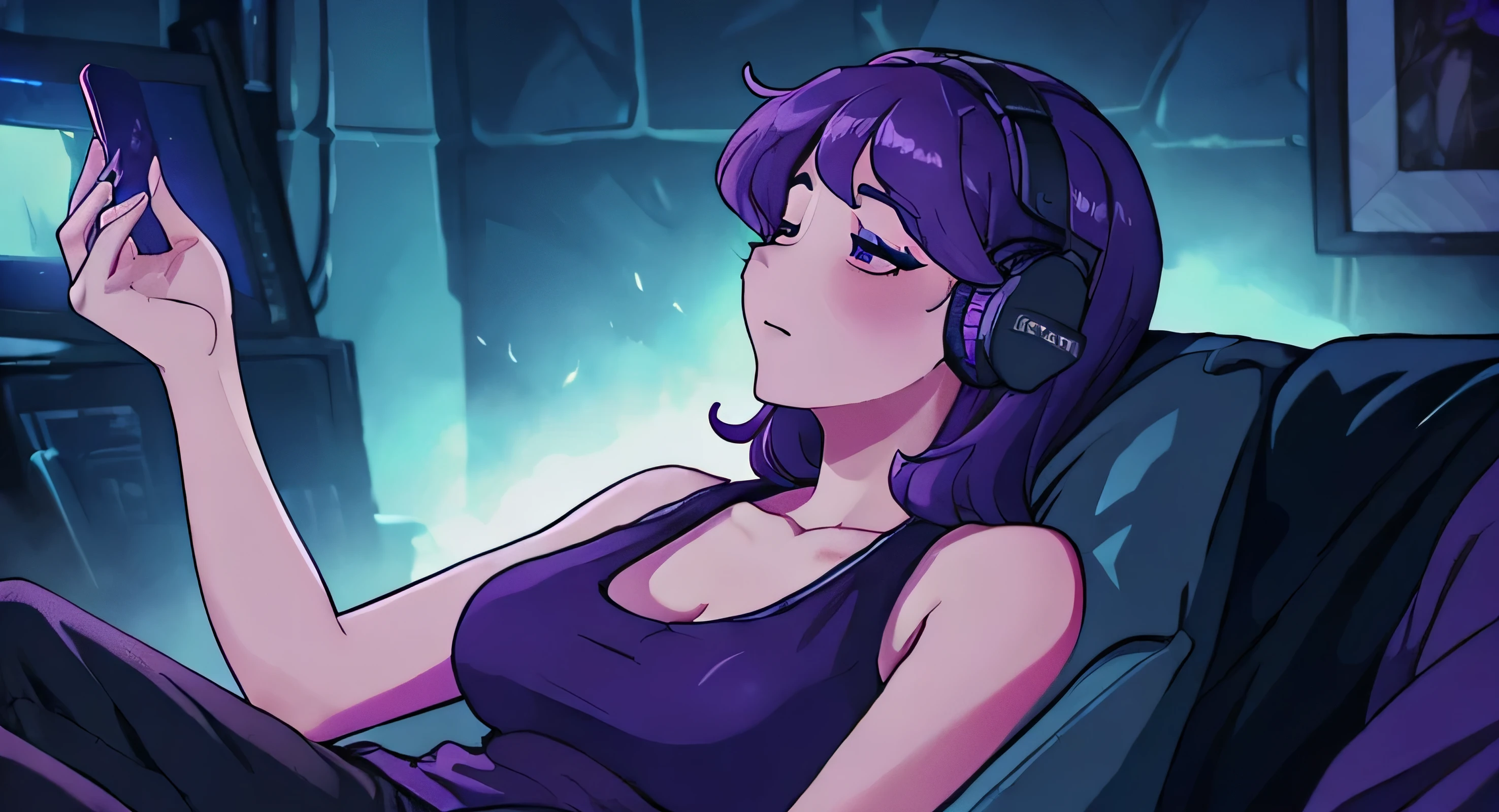 A woman is sitting on a sofa full of images.
her hair is purple.
she is wearing a tank top.
The room is dark.
A woman is listening to music on a tablet.
The woman is looking up at her with her eyes closed.