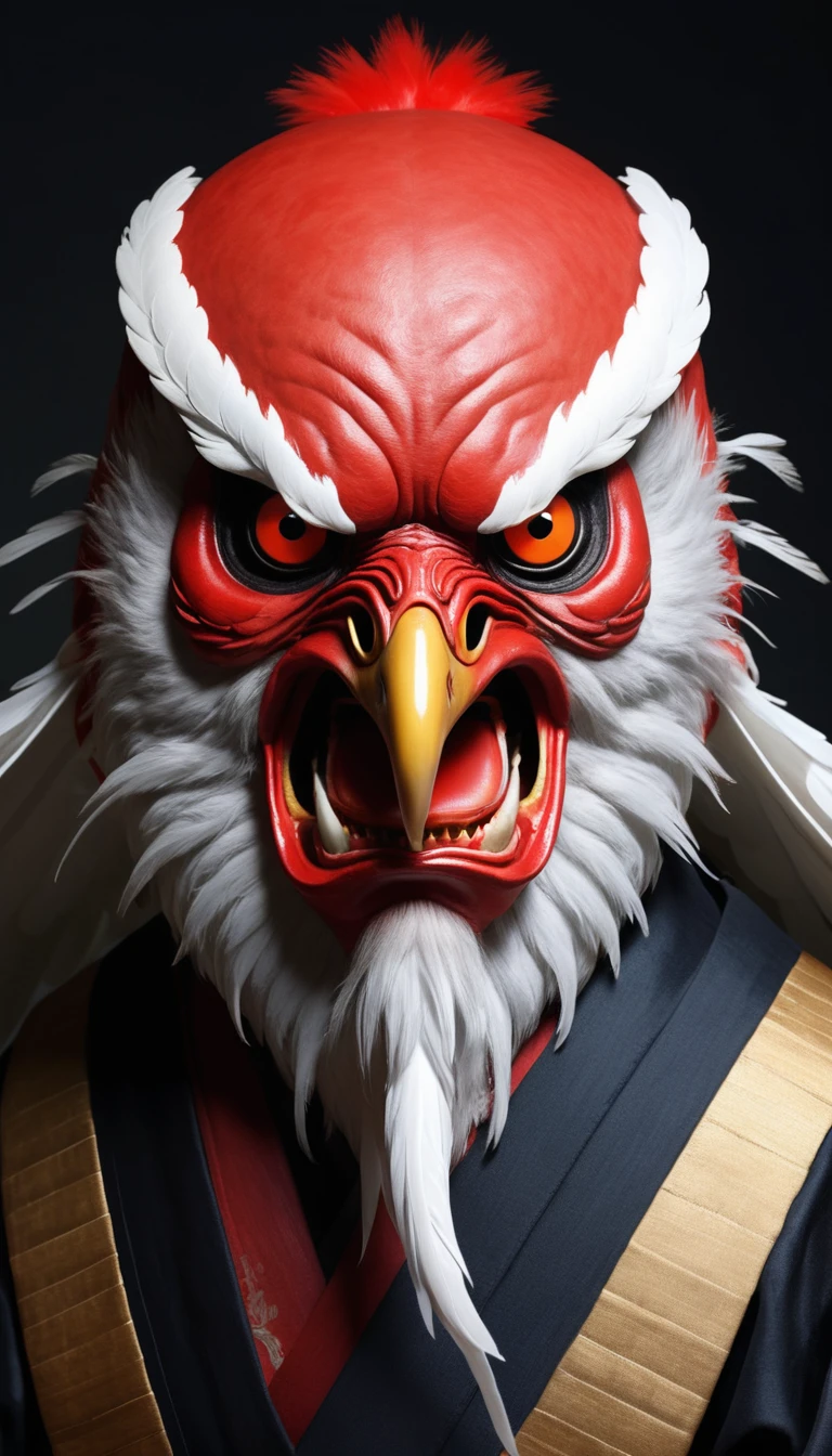 Tengu: "Generate a hyper-realistic and high-definition image of a Tengu, a bird-like human creature from Japanese mythology, with a red face and a long nose."