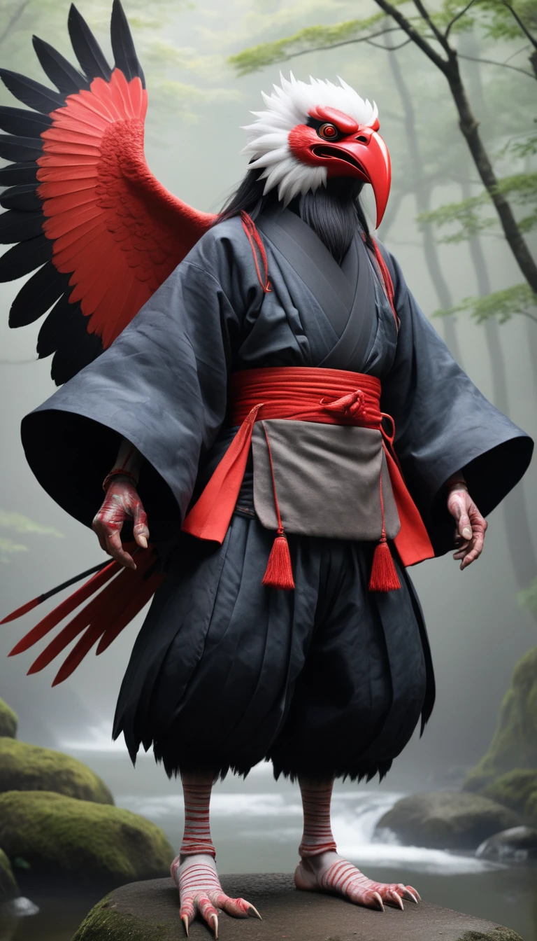 Tengu: "Generate a hyper-realistic and high-definition image of a Tengu, a bird-like human creature from Japanese mythology, with a red face and a long nose."