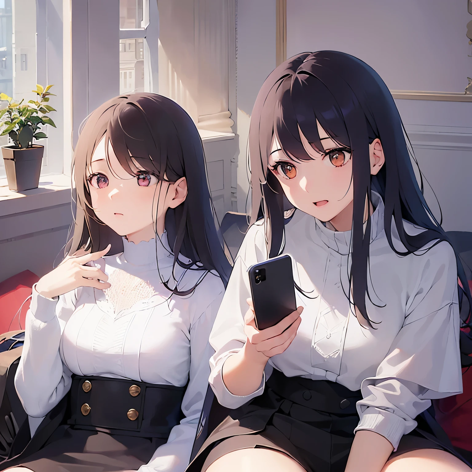 (talking on the smartphone:1.5),(handling_smart_phone, smart_phone:1.2)、(looking away:1.5), Realistic, real person, (pale skin: 1.2), RAW photo, photorealistic, shiny skin, shiny hair、(A 35-year-old woman with medium-length hair and bangs) and (wavy hair) and (brown hair) and (Orange Eyes) , Serious expression、alone,The background is the room、Sitting