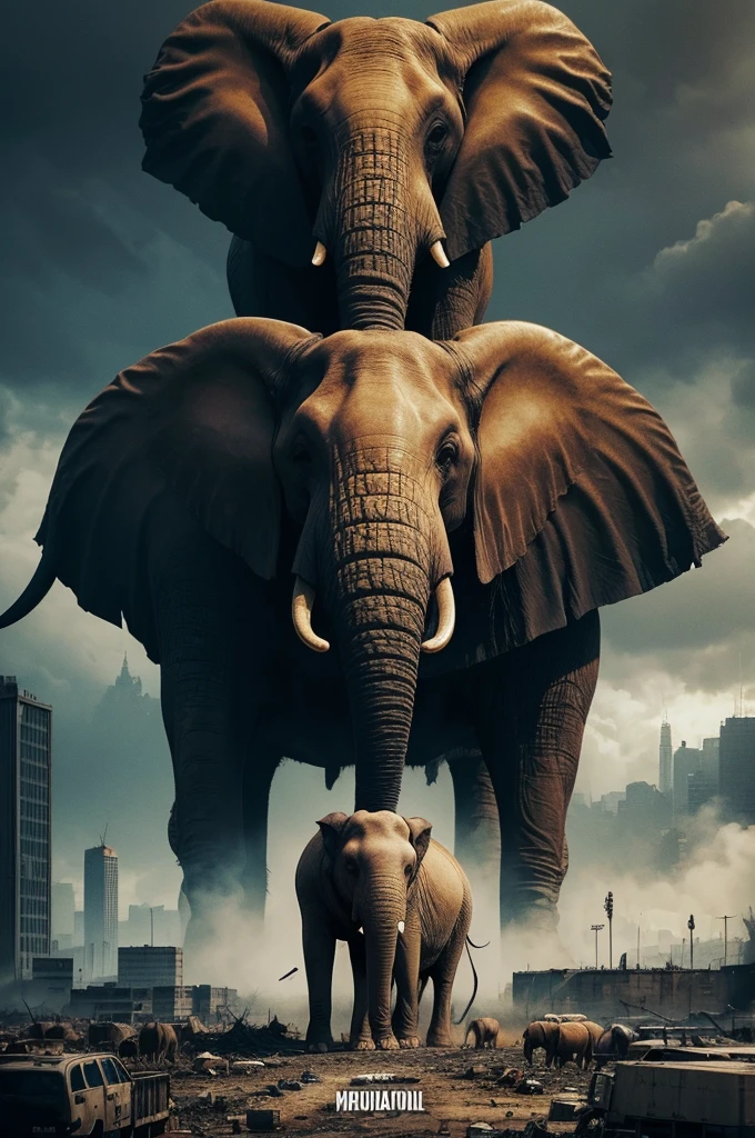 I want you to create a heavy metal album cover with an illustration of a city going through chaos, an apocalyptic war scenario, being invaded by elephants and other animals and a person sitting peacefully playing the guitar