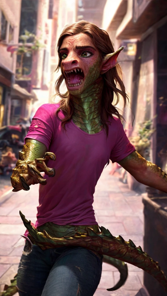 1girl, ewt, Emma watson, beautiful detailed eyes, horrified, scared, beautiful detailed lips, extremely detailed eyes and face, long brown hair, pink t-shirt, jeans, tattered clothes, standing on a street corner, award winning, intricate details, photorealistic, cinematic lighting, volumetric lighting, depth of field, beautiful face, striking pose, dynamic composition, vivid colors, warm tones, transformation into a dragon, green dragon with gold scales, magma scales