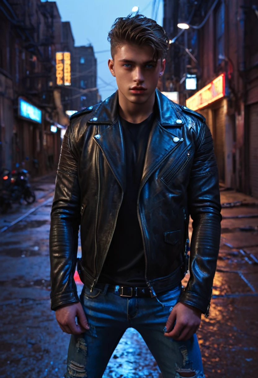 a 17 year old handsome bad boy, detailed face, striking blue eyes, messy brown hair, sensual lips, muscular physique, tight black leather jacket, ripped jeans, standing in a gritty urban city alleyway, neon lights, moody lighting, photorealistic, cinematic, 8k, (best quality,4k,8k,highres,masterpiece:1.2),ultra-detailed,(realistic,photorealistic,photo-realistic:1.37)