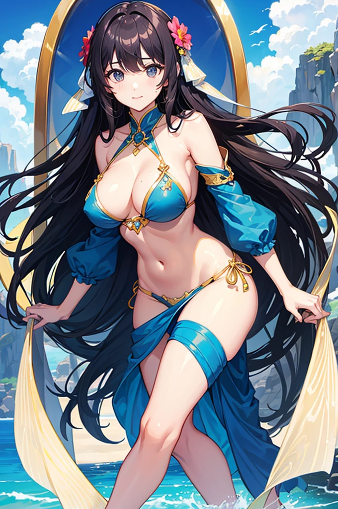 K high quality,1 pretty girl,Complete limbs,Full Finger,long hair,bikini,Summer Sea、Her breasts are protruding,Sexy pose