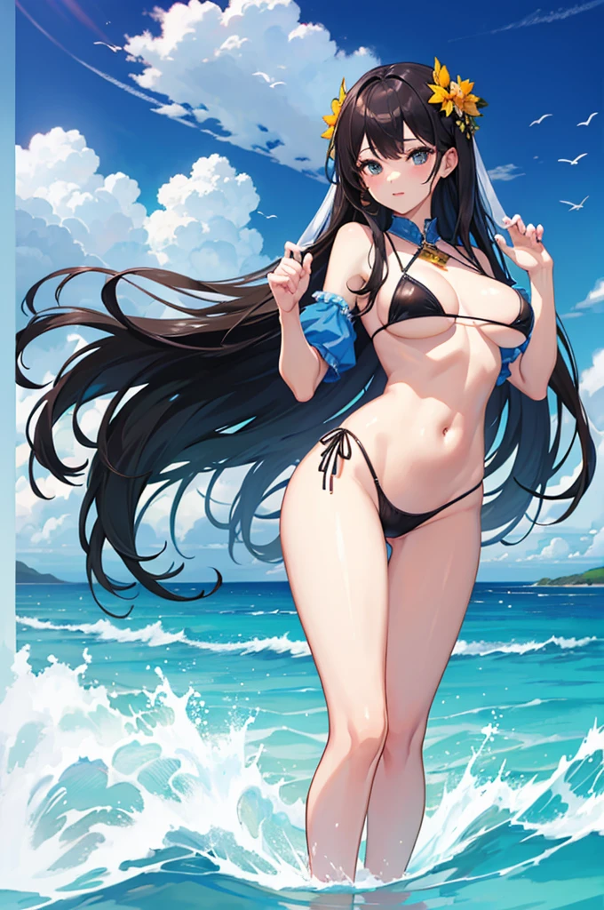 K high quality,1 pretty girl,Complete limbs,Full Finger,long hair,bikini,Summer Sea、Her breasts are protruding,Sexy pose