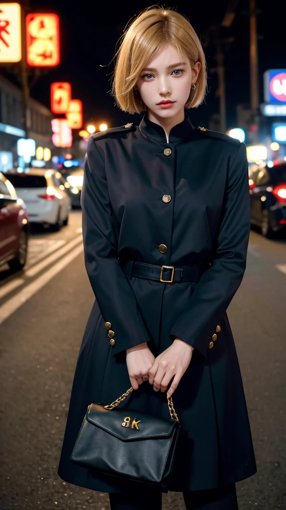 ((Best Quality, 8k, Masterpiece: 1.3)), Focus Sharp: 1.2, Outstanding Beauty: 1.4, Blonde, blue eyes, police uniform, black coat, small bag, (Night City, Street: 1.1), bob cut hairstyles, Earring, Highly Detailed Face and Skin Texture, Detailed Eyes, Double Eyelids,
