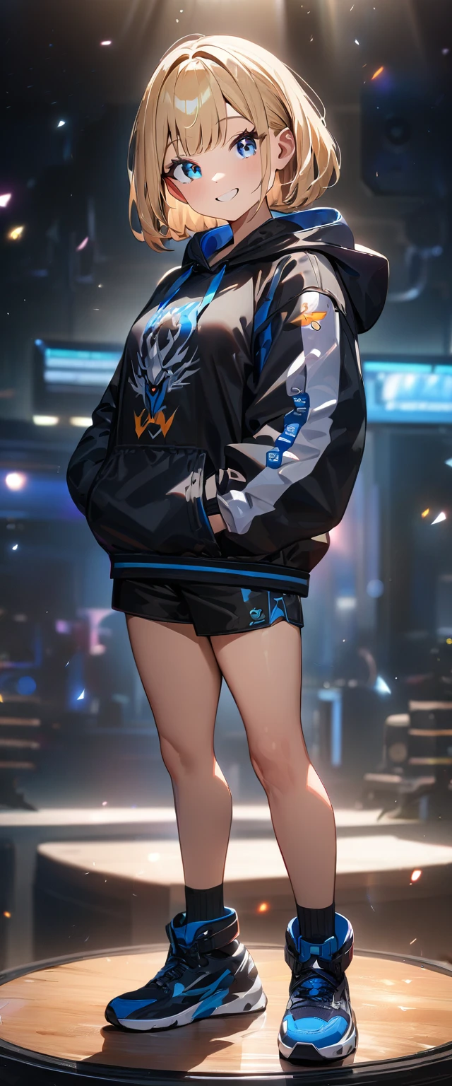 (((One girl))), blond hair, bob cut, (full body), (looking at viewer), breasts, teenager, head tilt:1.3, (((blue eye))), (from side), hand in pocket, ((happy smile)), black hoodie, black shorts, anime style, (best quality, 4k, 8k, highres, masterpiece:1.2, ultra-detailed, ultra-detailed eyes, HDR, UHD, studio lighting, ultra-fine painting, sharp focus, physically-based rendering, extreme detail description, professional, vivid colors, bokeh)