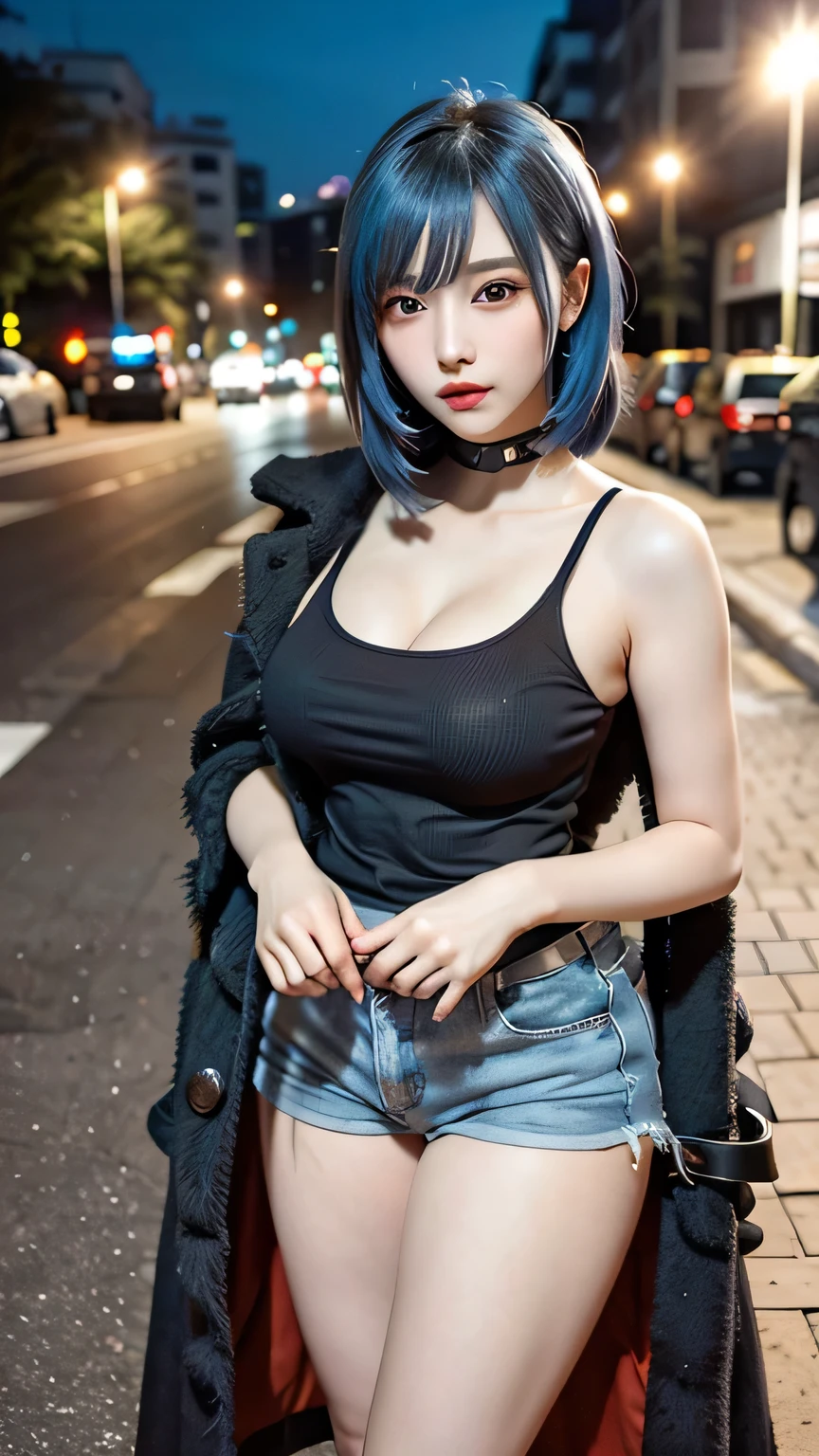 One beautiful girl, Very beautiful detailed face, Symmetrical black eyes), Hime cut hair, (Beautiful Face:1.2), high quality, Realistic, Very detailed CG unified 8K dendenden wallpaper, Very detailed, High resolution RAW color photos, Professional photography, Realistic portrait, Cinematic Light, Beautiful details, Super detailed, Attention to detail, Depth of written boundary, Semi-long hair、Thighs Thighs Thighs Thighs、Beautiful feet、barefoot、 Very beautiful detailed face, KPOP idol faces,(最high quality, 4K, 8K, High resolution, Tabletop:1.2), Super detailed, (Realistic, Realistic, Photorealistic:1.37), (Beautiful details eyes, Beautiful details lips, Very detailed目と顔), Physically Based Rendering, Vibrant colors, (big , Super huge , Super big, Glamorous Body), (Black tank top、Black shorts、Black long coat),(Long, straight silver hair, Shiny Hair, Shiny skin), (Holding a handgun in his hand)、(Sharp eyes)、(cyberpunk city)、(cyberpunk city at night)、(Full Body Shot)、(possess a weapon)、(Cool woman)、(punk girl)、(Steampunk woman)、(pay attention to the whole leg)、(Point a knife at the viewer)、(Midnight City)、(Blue mesh hair)