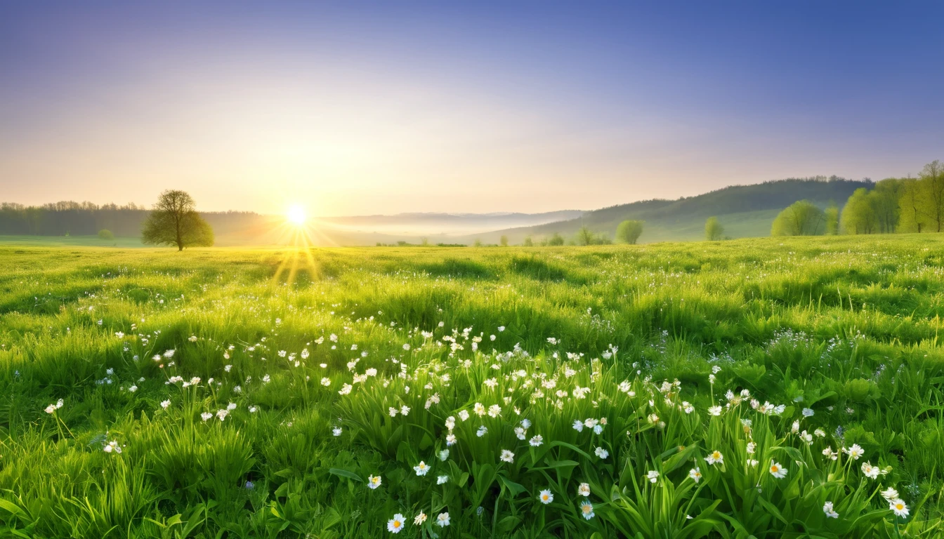 realistic photo, masterpiece, a spring morning at sunrise with the sweet scent of life, in an open meadow
