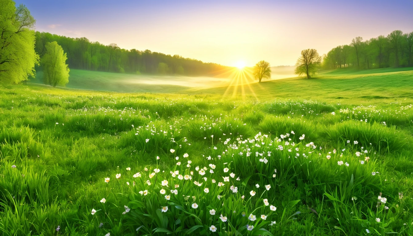 realistic photo, masterpiece, a spring morning at sunrise with the sweet scent of life, in an open meadow