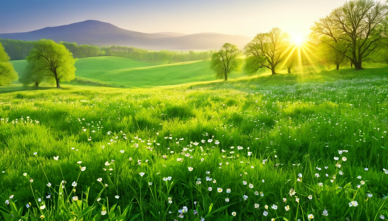 realistic photo, masterpiece, a spring morning at sunrise with the sweet scent of life, in an open meadow