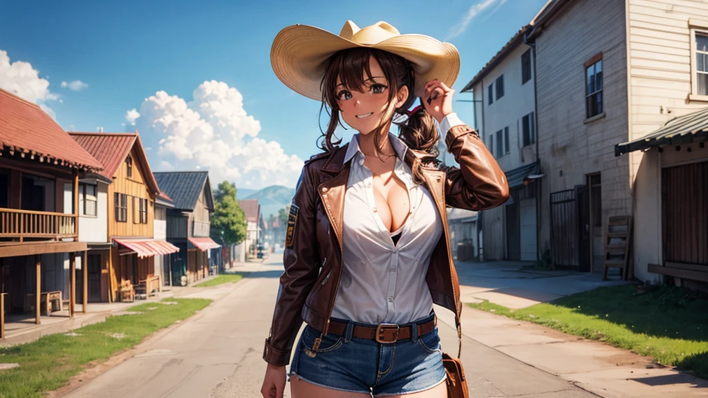 1girl, solo, wild west, summer, village, western, cowboy, sun, clouds, ((brown hair)), curly hair, ponytail, large full breasts, ((brown leather jacket)), button down shirt, ((white shirt)), ((short sleeved shirt)), ((unbuttoned shirt)), unbuttoning buttons, cleavage 1:3, brown eyes, shorts, boots, grin, looking at the viewer, standing, hair ribbon, golden necklate, gun, shooting, cowboy hat