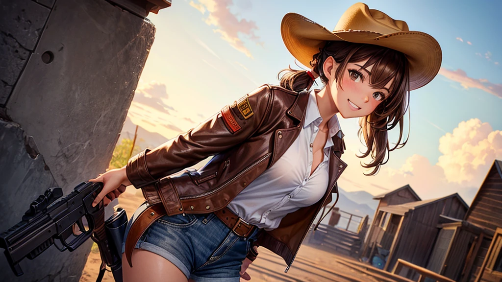 1girl, solo, wild west, summer, village, western, cowboy, sun, clouds, ((brown hair)), curly hair, ponytail, large full breasts, ((brown leather jacket)), button down shirt, ((white shirt)), ((short sleeved shirt)), ((unbuttoned shirt)), unbuttoning buttons, cleavage 1:3, brown eyes, shorts, boots, grin, looking at the viewer, standing, hair ribbon, golden necklate, gun, shooting, cowboy hat