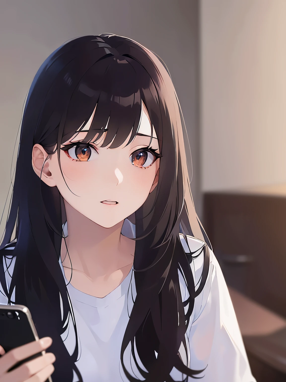 (talking on the smartphone:1.5),(handling_smart_phone, smart_phone:1.2)、(looking away:1.5), Realistic, real person, (pale skin: 1.2), RAW photo, photorealistic, shiny skin, shiny hair、(A 35-year-old woman with medium-length hair and bangs) and (wavy hair) and (brown hair) and (Orange Eyes) , Serious expression、alone,The background is the room、Sitting