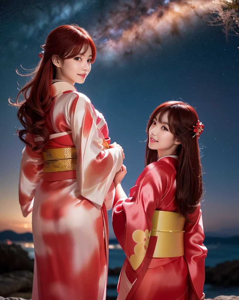 (Highest quality, 32k, High resolution, Masterpiece:1.5, ), marimo_jet, god々A photograph with brilliant dazzling and healing power., Evoking a sense of calm and elusive beauty, Expressing emotions, Have a rich imagination,Beautiful Japanese Girls, ((Looking back:1.5)), An exceptionally beautiful face, Small Face Beauty, Perfect Human Anatomy, Magical big eyes, Motherhood and generosity, Deep Love, fleeting smile, ((shiny red hair:1.1)), ((Super Long Straight Silk Hair)), Asymmetrical bangs, Hair between the eyes, Transparent, soft white skin, Sharp eyebrows, Thin lashes, Natural Makeup, Cheek highlighter, Pale pink detailed lips, , ((Red kimono:1.5)), Slim figure with ample breasts, ((Detailed night sky background:1.3)), , Professional Lighting, Professional photographer, Professional models, god秘的