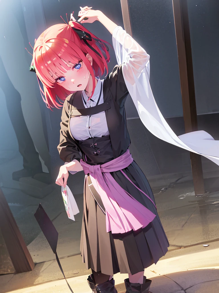 Nino　nanaco、short hair, Twin tails、Pink Hair、 blue eyes, hair ornaments, Hair Ribbon, blunt , Both sides up, butterfly hair ornaments, skirt, No sleeve、Random color see-through kunoichi costume、Japanese see-through female samurai costume、See-through female ninja costume,, Open clothes, Collared dress emphasizes cleavage、胸の谷間のSweat is noticeable、Professional lighting light reflection、 looking at viewer, (masterpiece:1.2), Highest quality, High resolution, unity 8k wallpaper, (figure:0.8), (Beautiful fine details:1.6), Highly detailed face, Perfect lighting, Highly detailed CG, (Perfect hands, Perfect ???????),heavy rain、heavy rainで全身びしょ濡れ、heavy rainで全身びしょ濡れの服、High heels、 ((Perfect handsの形))、(Perfect foot shape、Embarrassed expression、blush、Gestures to seduce a man、Shining Sweat、Perfect Skin,Sweat is noticeable、太もものSweat is noticeable、 Fair skin,Tight waist, Sweating profusely、Sweaty hair、Sweaty clothes、Sweaty、Visible sweat、rain-wet hair、A vast Western church with stained glass windows