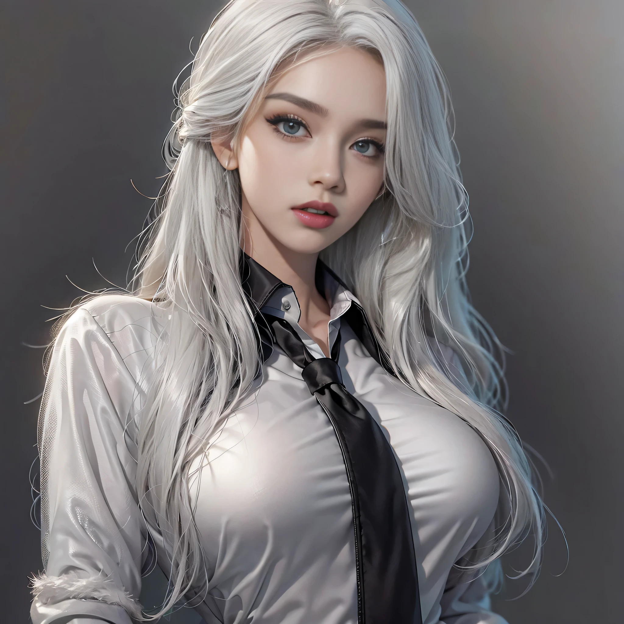 Photorealistic, High resolution, 1 Women, Solo, hips up high, Beautiful eyes, Close lips, Detailed face, White hair, Long hair, Collared shirt, black necktie,Black skirt, pencil skirts, Fur coat, Black stockings