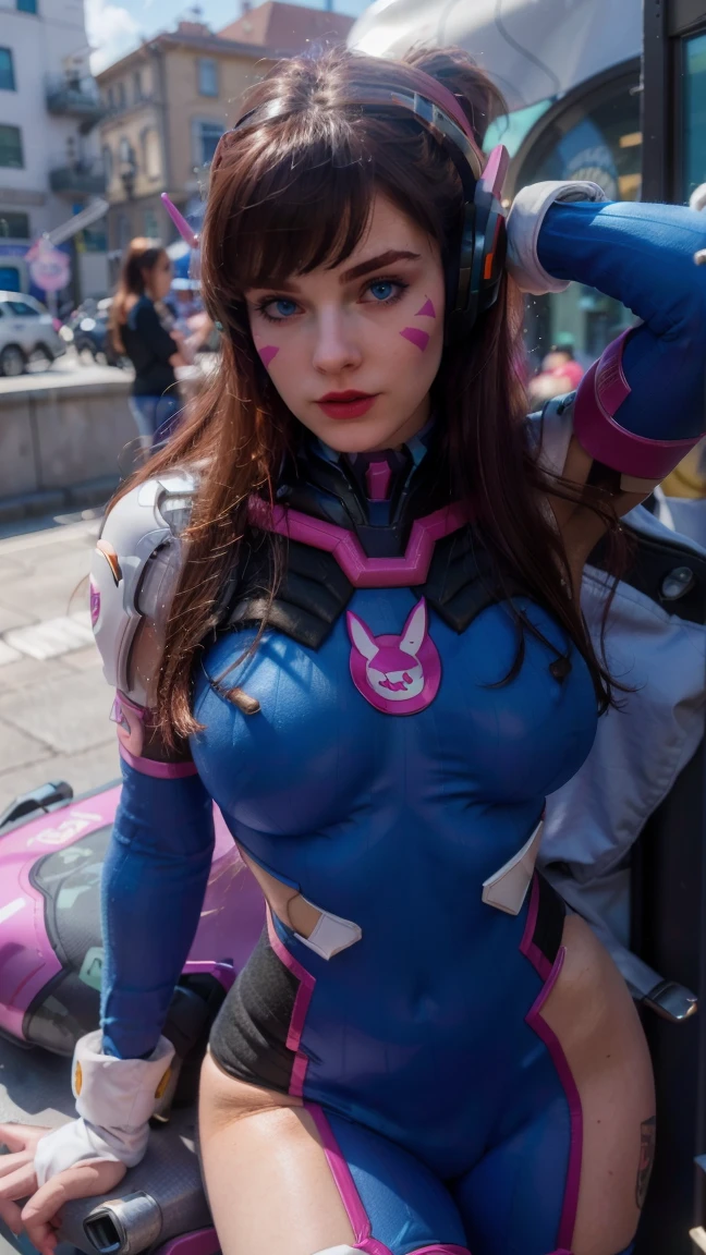 (masterpiece), (photorealistic1.4), (best quality), (European Model), (epiCRealLife), (Young Woman), (photorealistic), (red lipstick), (JenniferConnelly90s), (DVaOver costume), (large breast), (hair bangs), headphones,(face paint), (D.VA hairstyle), (D.VA overwatch costume), (bodysuit), (gloves), (facial mark), (daylight), (natural light), (spotlight), (ample light), (pose for pictures), (in a spacecraft), (flashphoto)