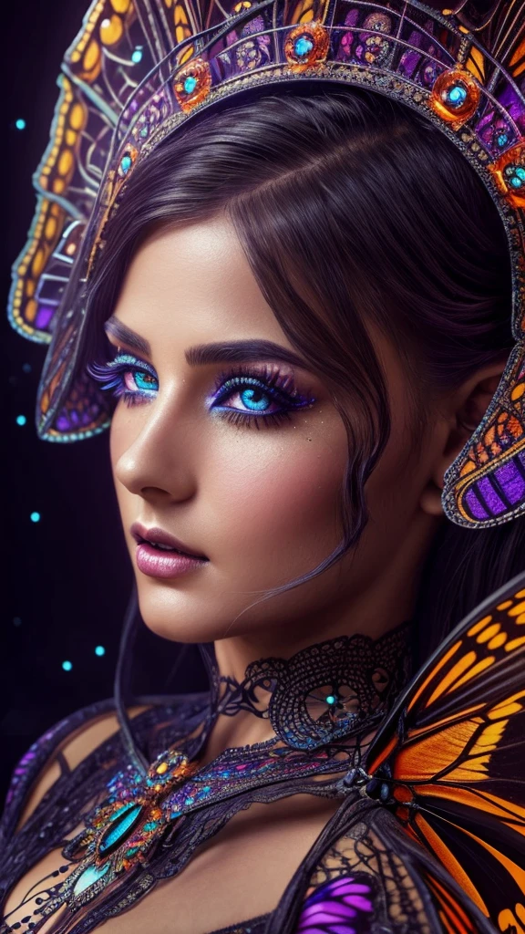a colorful butterfly, intricate clockwork, glowing spider web, night light, 1girl, beautiful detailed eyes, beautiful detailed lips, extremely detailed face and eyes, long eyelashes, elegant dress, portrait, fantasy, vibrant colors, cinematic lighting, dramatic shadows, award winning digital art, masterpiece, ultra-detailed, 8k, photorealistic