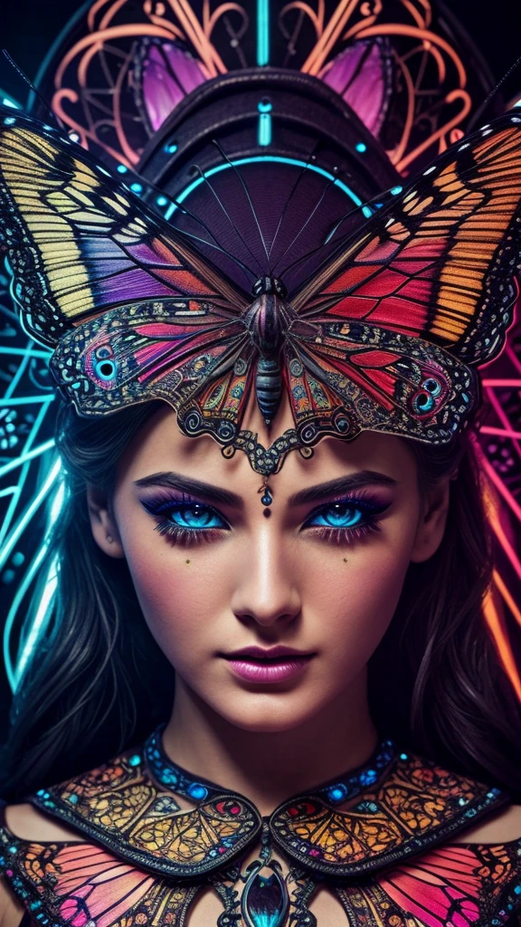 a colorful butterfly, intricate clockwork, glowing spider web, night light, 1girl, beautiful detailed eyes, beautiful detailed lips, extremely detailed face and eyes, long eyelashes, elegant dress, portrait, fantasy, vibrant colors, cinematic lighting, dramatic shadows, award winning digital art, masterpiece, ultra-detailed, 8k, photorealistic