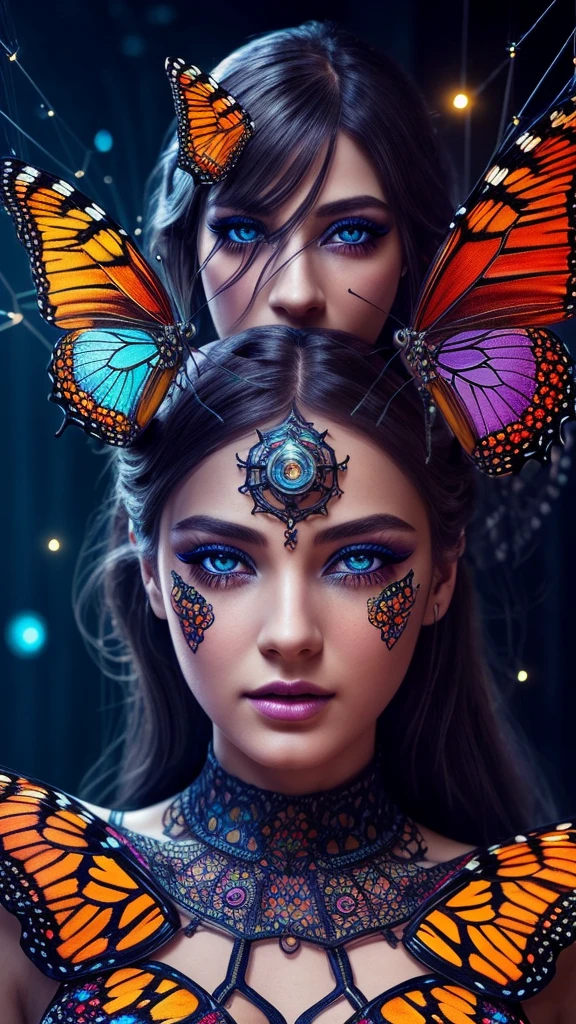 a colorful butterfly, intricate clockwork, glowing spider web, night light, 1girl, beautiful detailed eyes, beautiful detailed lips, extremely detailed face and eyes, long eyelashes, elegant dress, portrait, fantasy, vibrant colors, cinematic lighting, dramatic shadows, award winning digital art, masterpiece, ultra-detailed, 8k, photorealistic