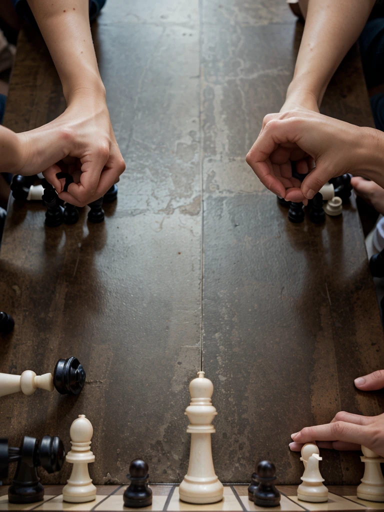 4 hands touching a chess pawn