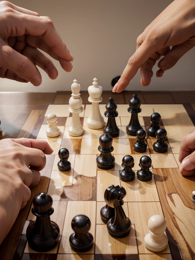 4 hands touching a chess pawn