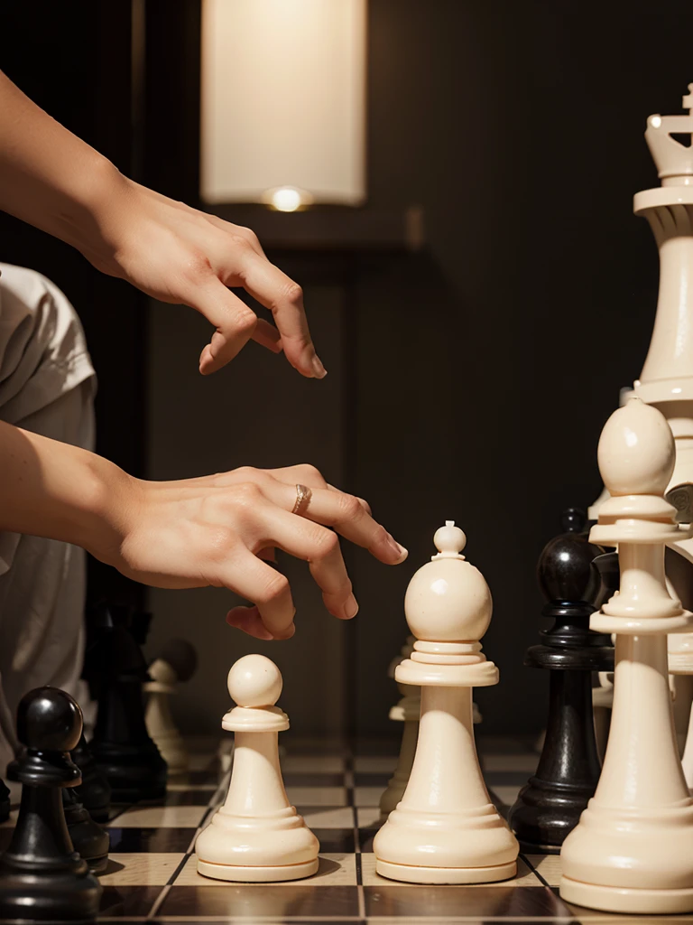 4 hands touching a chess pawn