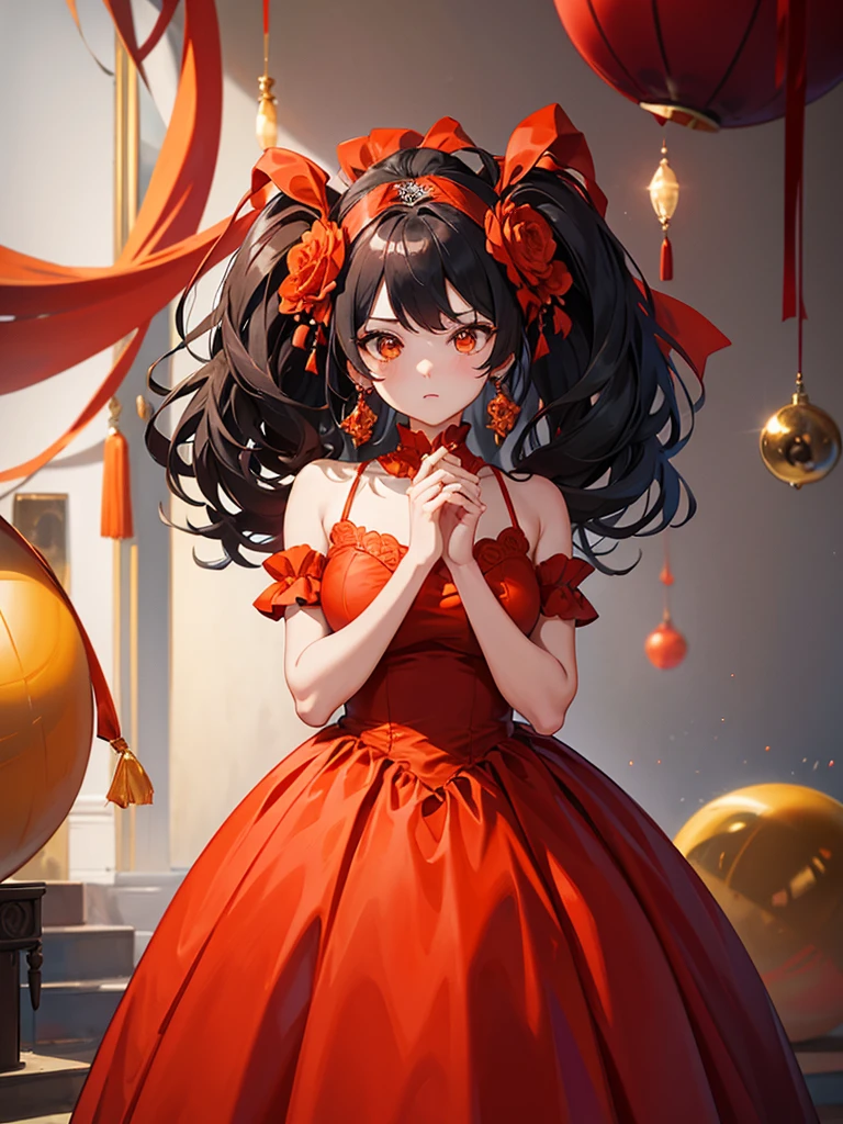 Ball gown, whole height, red theme, confident, orange eyes