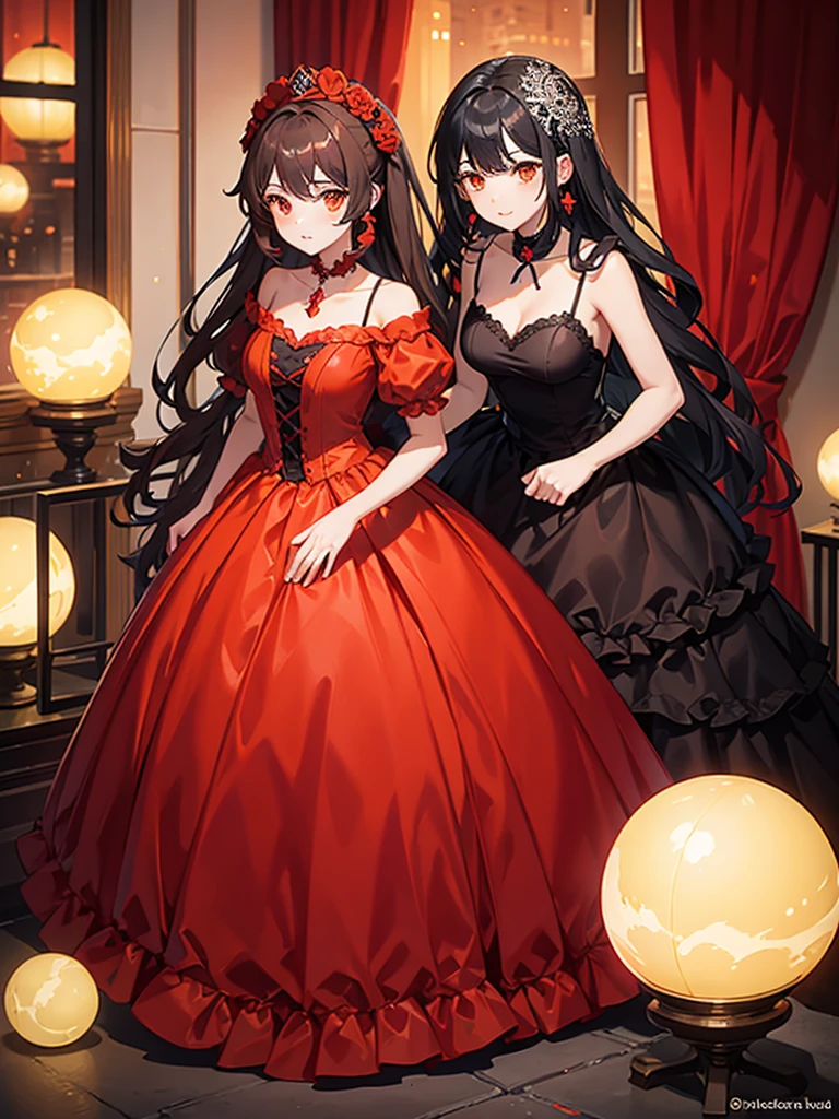 Ball gown, whole height, red theme, confident, orange eyes