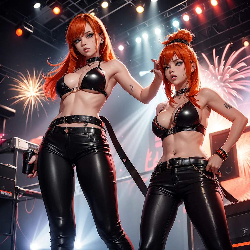 the girl lead singer of a heavy metal band, live show, in a sexy bikini, orange hair, big breasts, punk rock belt, black shiny leggings, lit stage and fireworks.