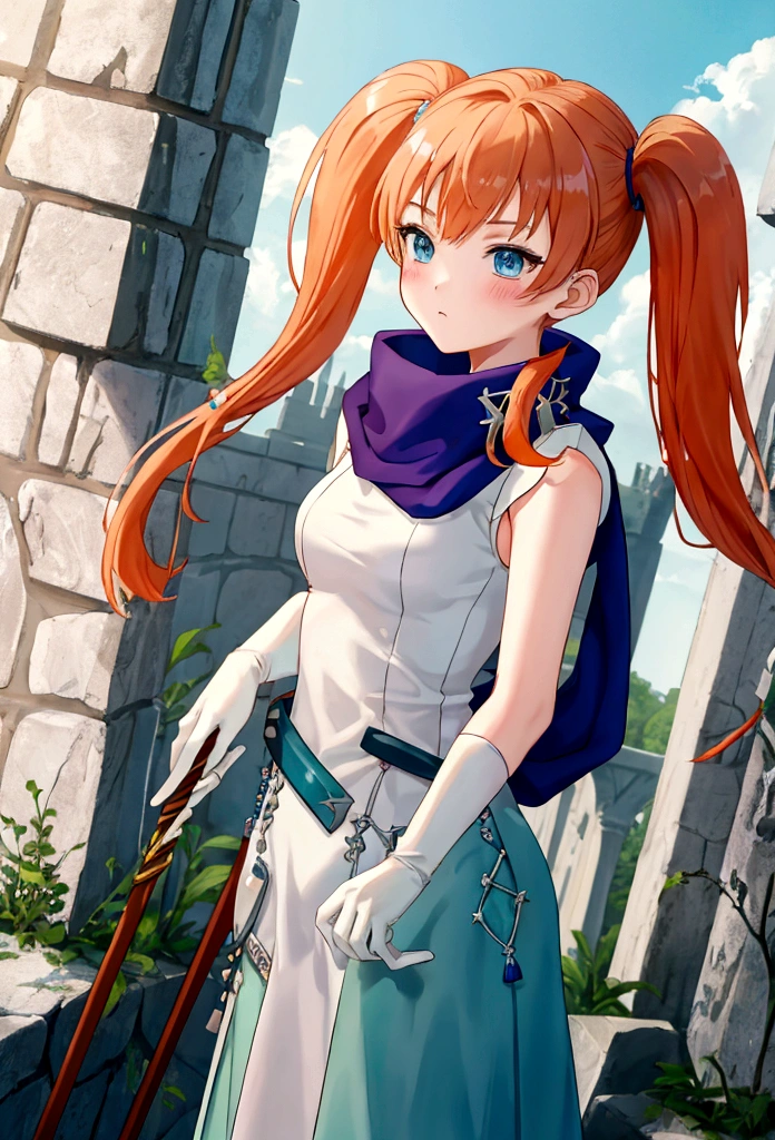 work of art, best qualityer, 2d anime style, White girl, short size hair, twin tails, light orange redhead, blush cheeks, turquoise eyes, long white dress with light blue details, sleeveless, elbow gloves, light blue scarf, waist belt, docile expression, Medieval theme, RPG, castle background, sky appearing, holding white scepter with blue details.
