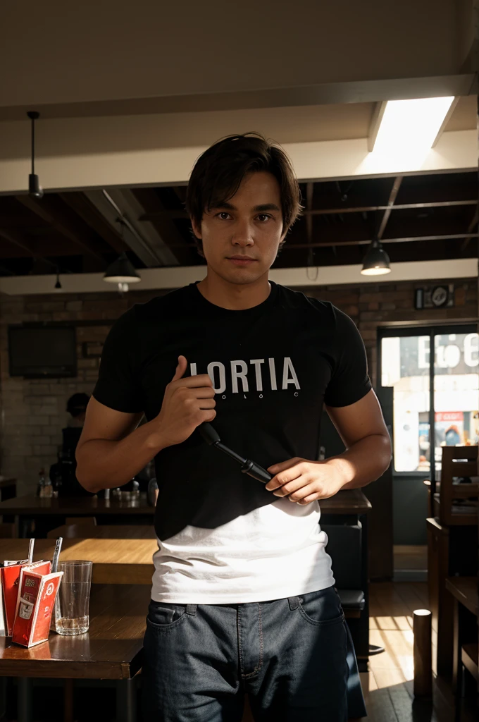 man, standing, in front of a table with a microphone, in front of the table the name Tomy is given, and the background is a light