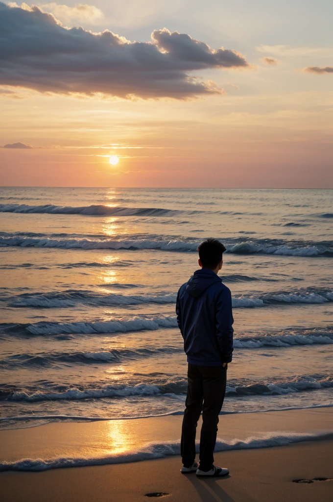 A young Asian man standing on the seashore watching the sunset