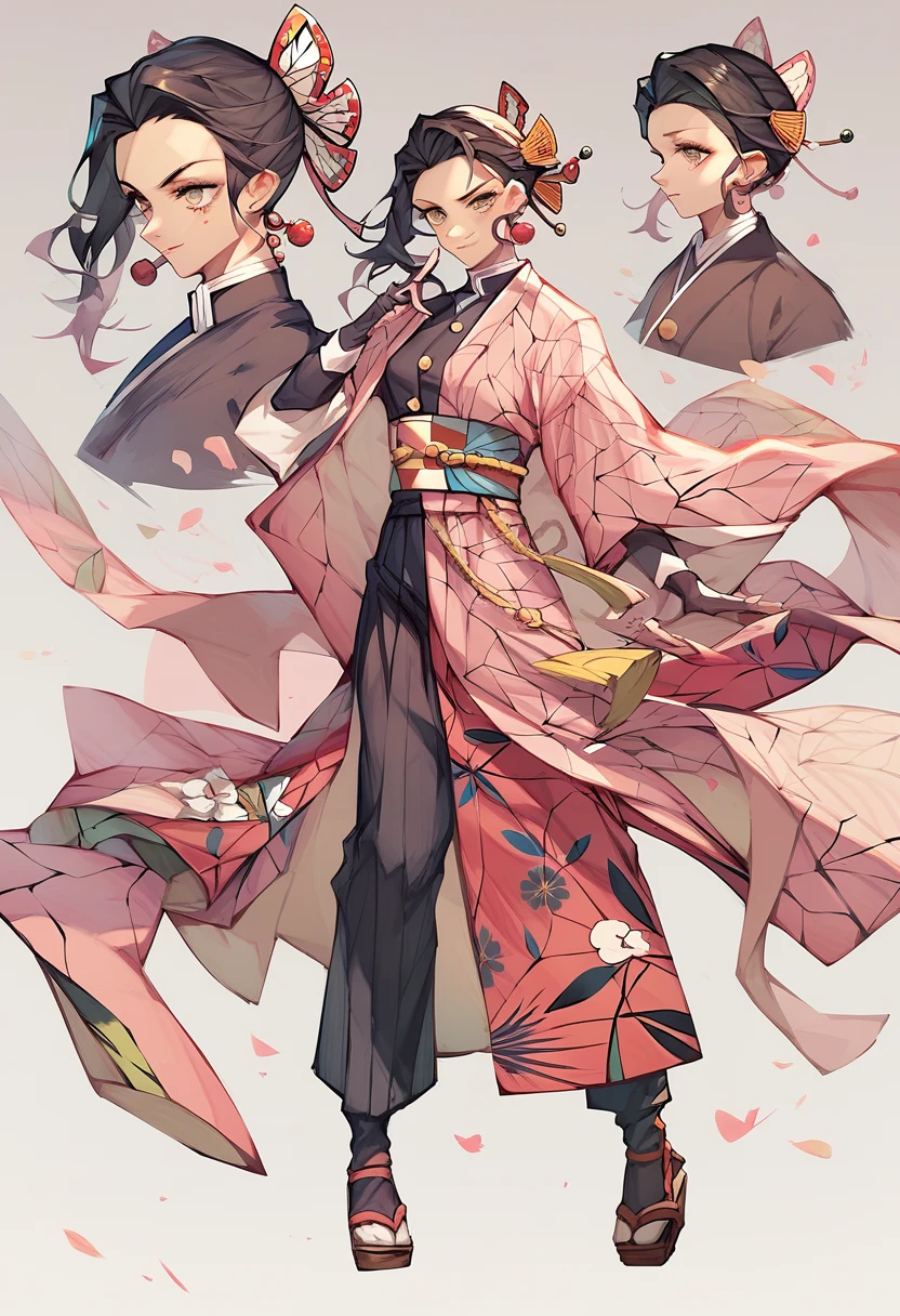 1 person, Reference sheet, (fantasy character design, front, return, ~ side) girl, kimono, japanese , demon slayer uniform, Demon Slayer: KIMETSU NO YAIBA style, Dmon slayer